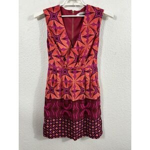 Beth Bowley Dress Womens Medium Pink Orange Silk Sleeveless V‎ Neck Mini Print